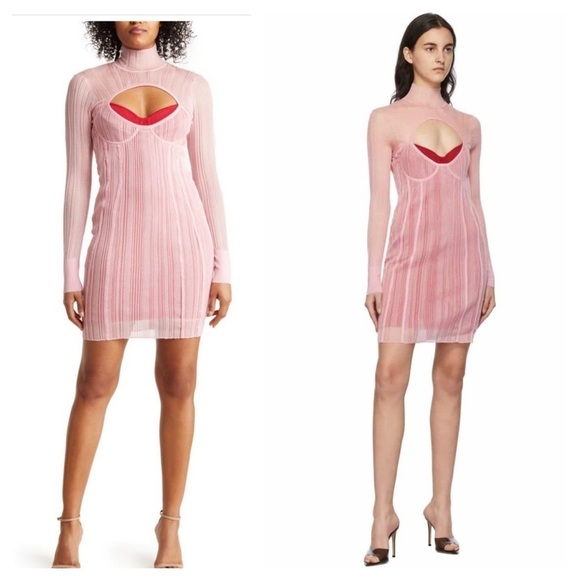 HERVE LEGER / NWT NEW layered sheer ribbed plated mini dress in pink small S - Picture 1 of 6